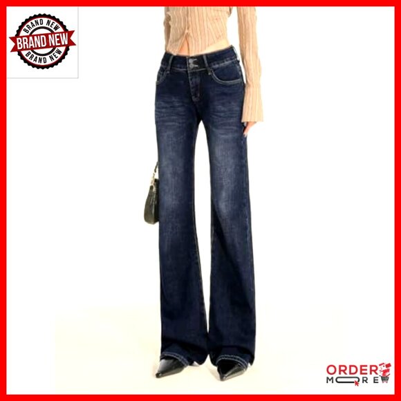 Stretchy Mid Rise Flare Jeans Y2K Bootcut Boyfriend Fit Denim Pants - Picture 3 of 6